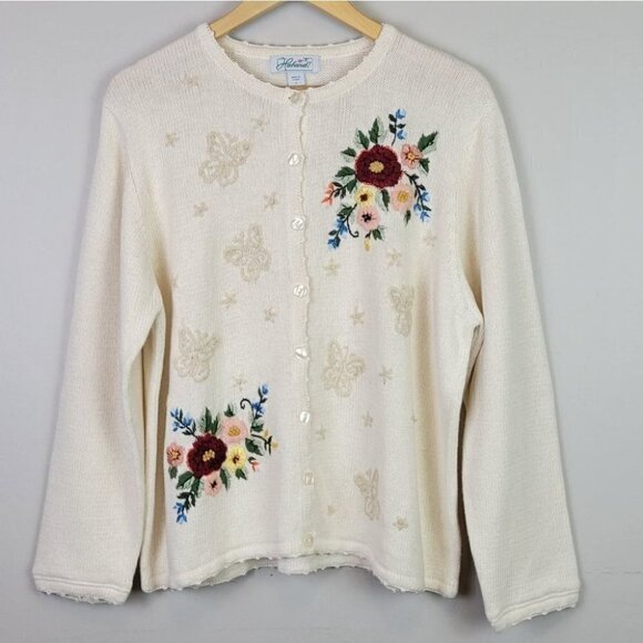 EMBROIDERED Grandma Knit Cardigan Floral Butterfly L Haband Vintage - Picture 16 of 16